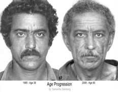 Age progression drawing of a man with photo on the left
