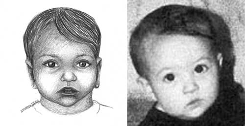 Postmortem drawing of an infant with photo on the right